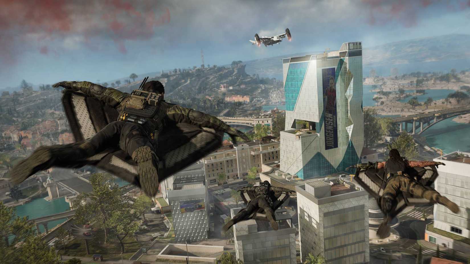 Three soldiers gliding through the air with wingsuits in Black Ops 7's Endgame mode.