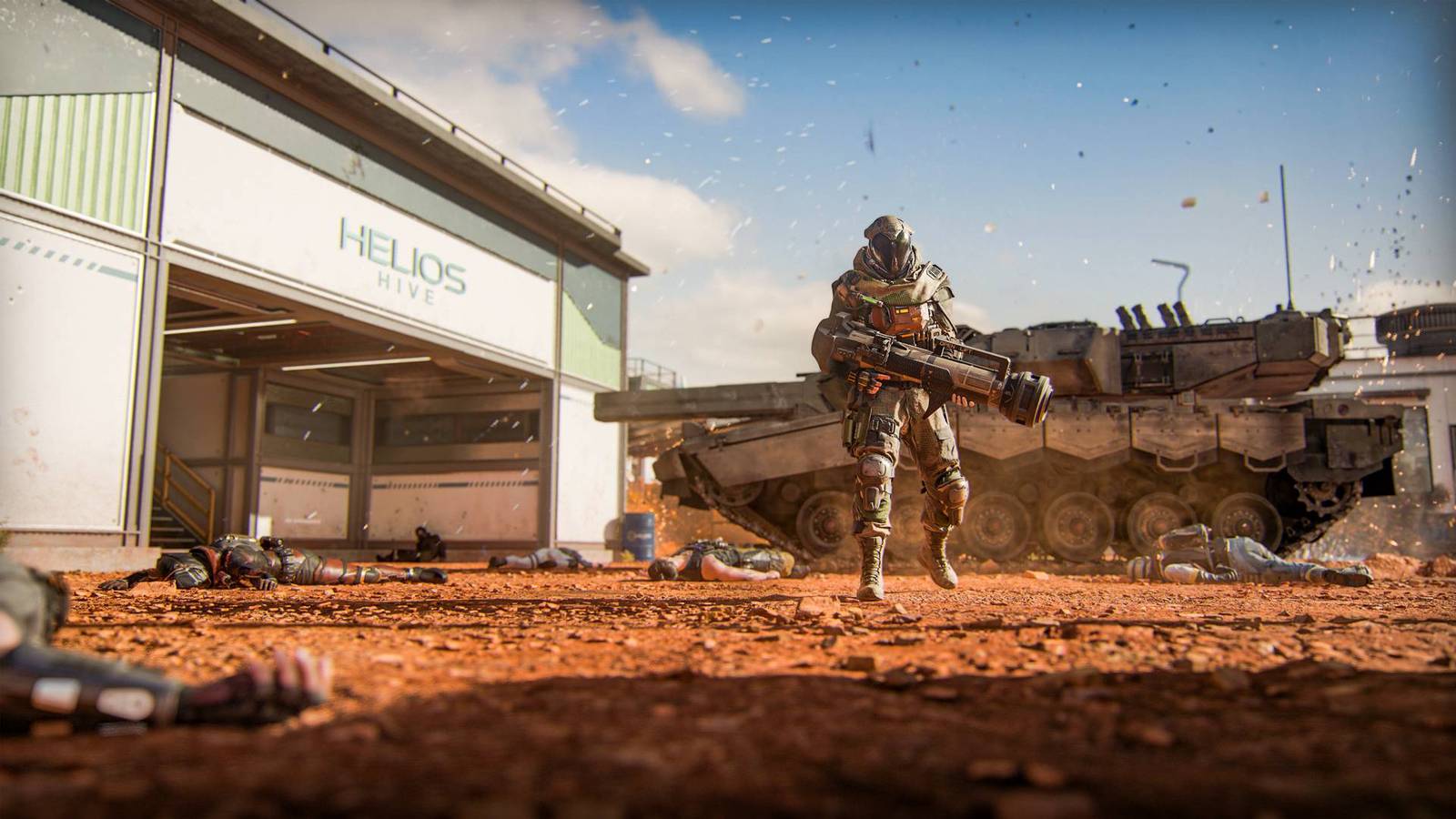 A soldier walks through the Exposure map in Black Ops 7 carrying a launcher.