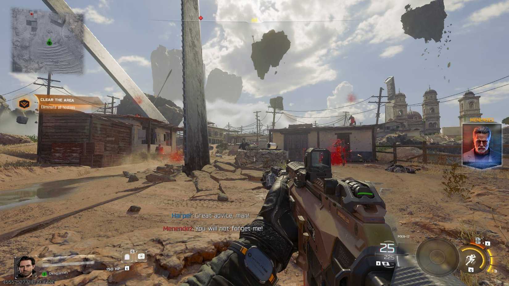 The player in Black Ops 7 holding an M8A1, with a huge machete in the ground as they fight Menendez on a floating island.