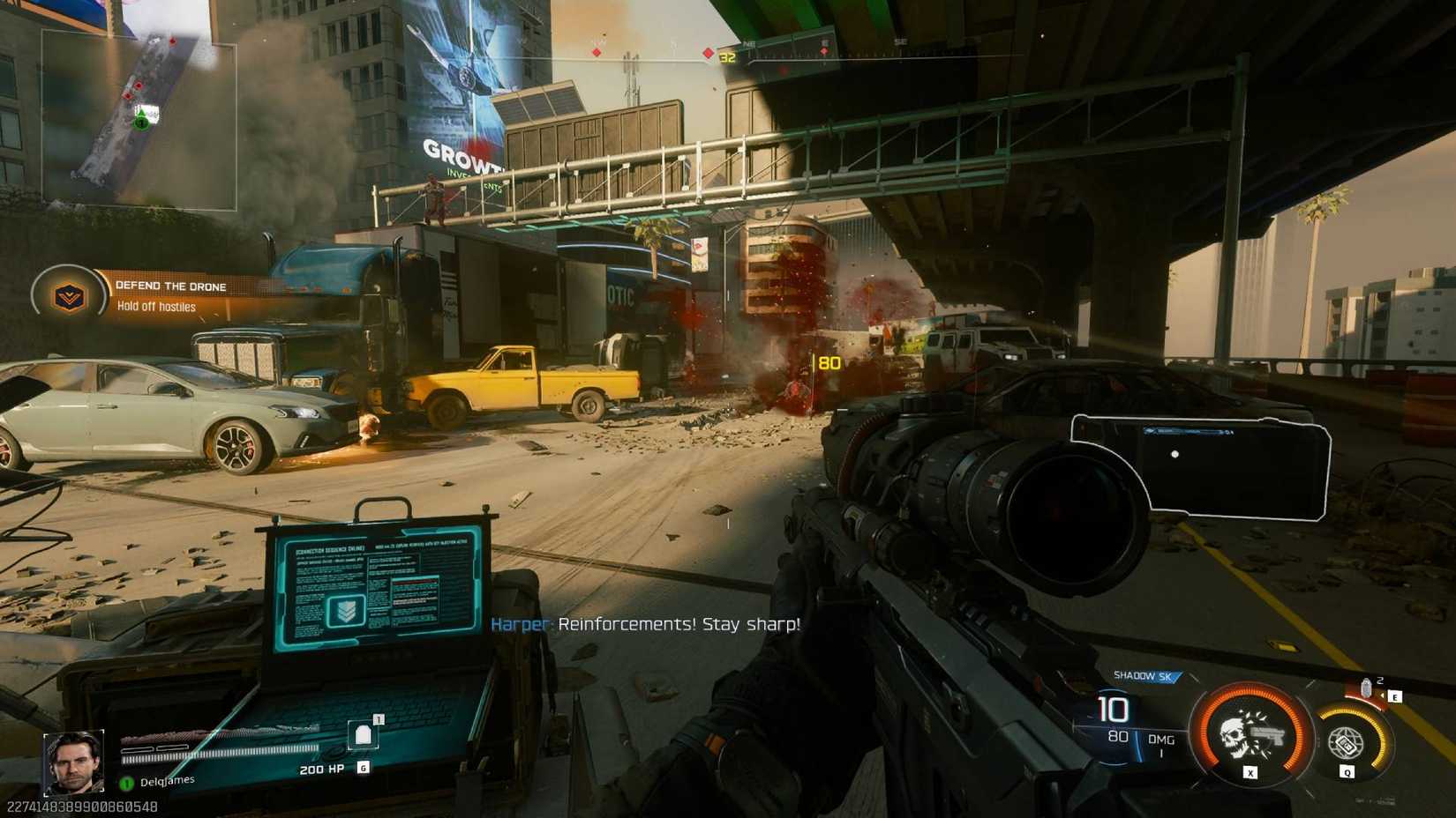 The player in Black Ops 7 wielding a sniper rifle on a highway with cars strewn everywhere.