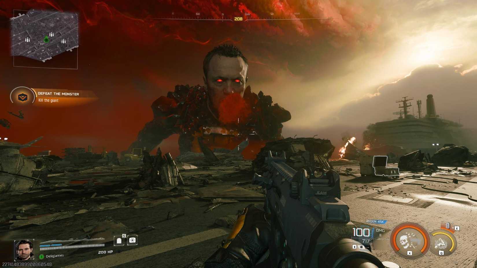 The player in Black Ops 7 looking at a giant, hostile version of Harper, who is otherwise their teammate.