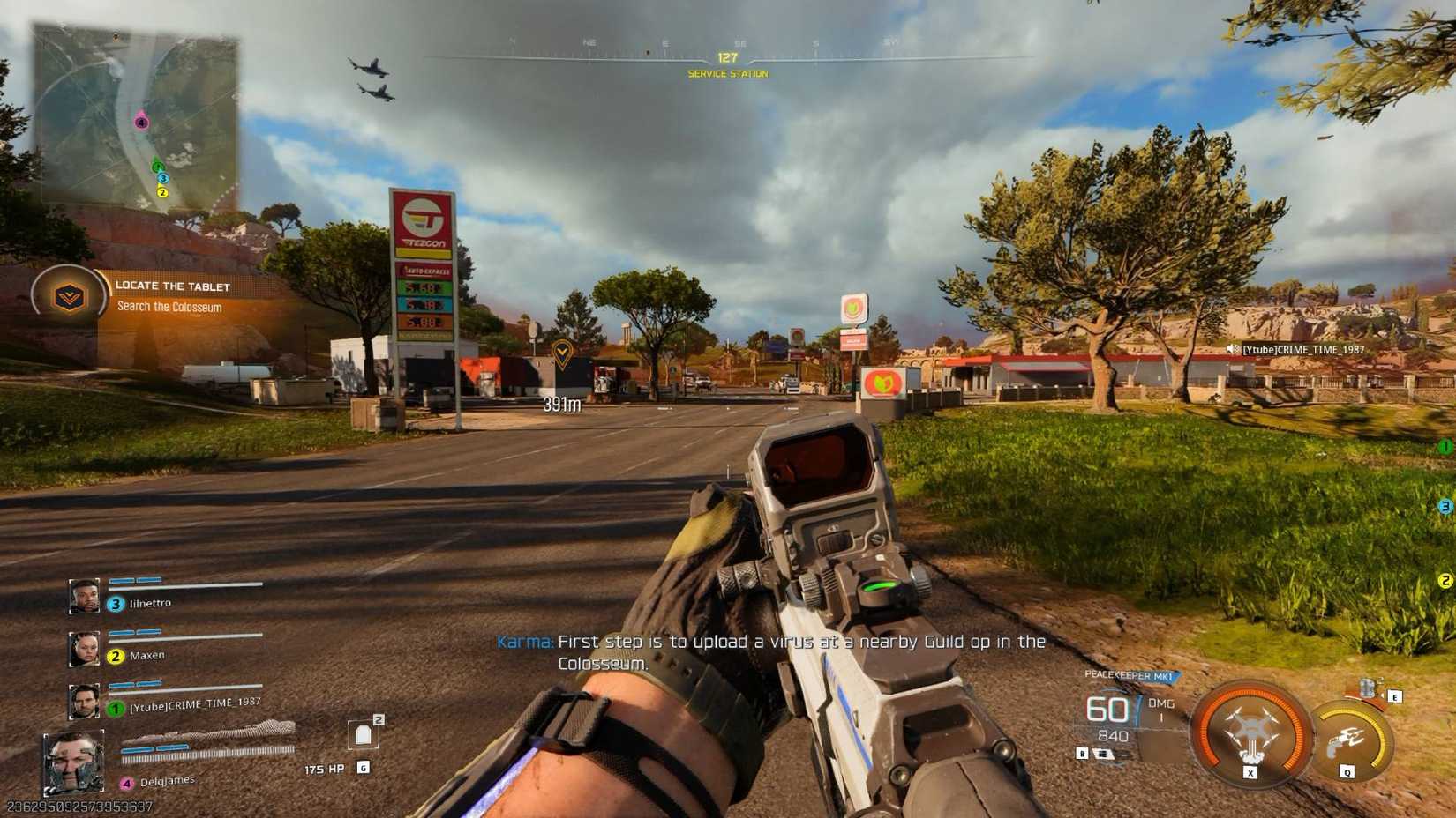 The player in Black Ops 7 on Avalon, looking at a gas station.