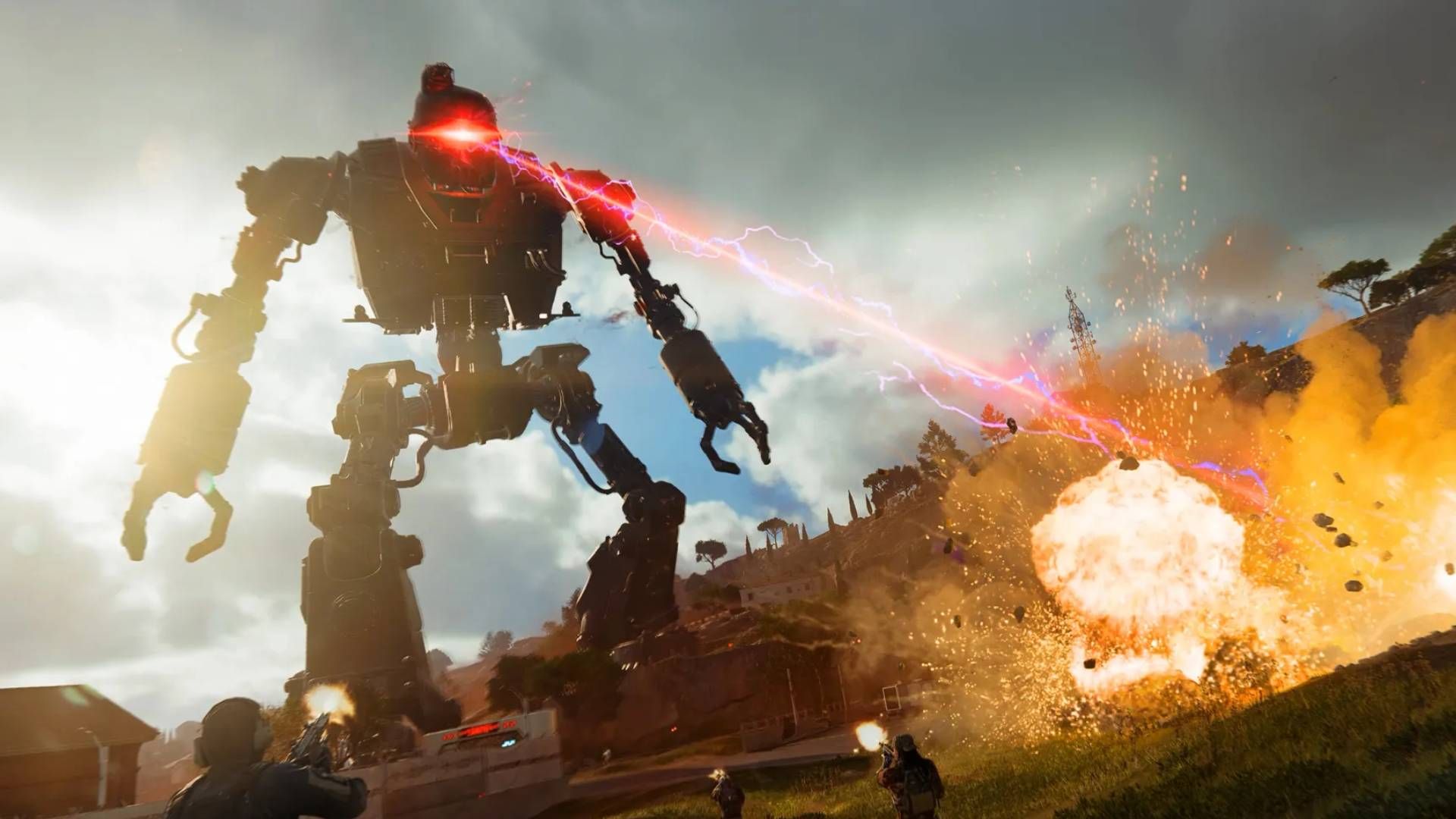 The Origins robot from Black Ops 2 standing tall in Black Ops 7's Endgame, firing a red laser and blowing up the landscape.