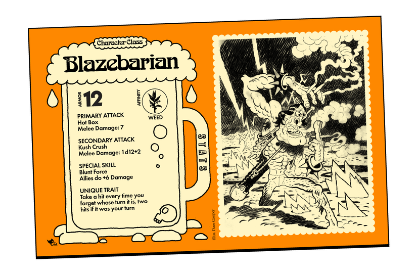 A card for the Blazebarian character in Drunkards, Druggies, & Delinquents