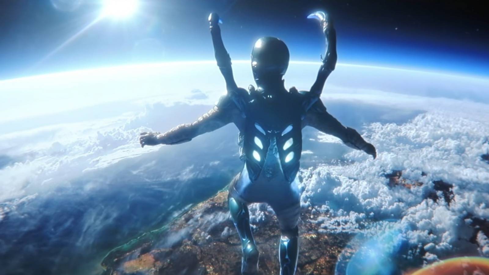 Blue Beetle hovers above Earth in a scene from the film.