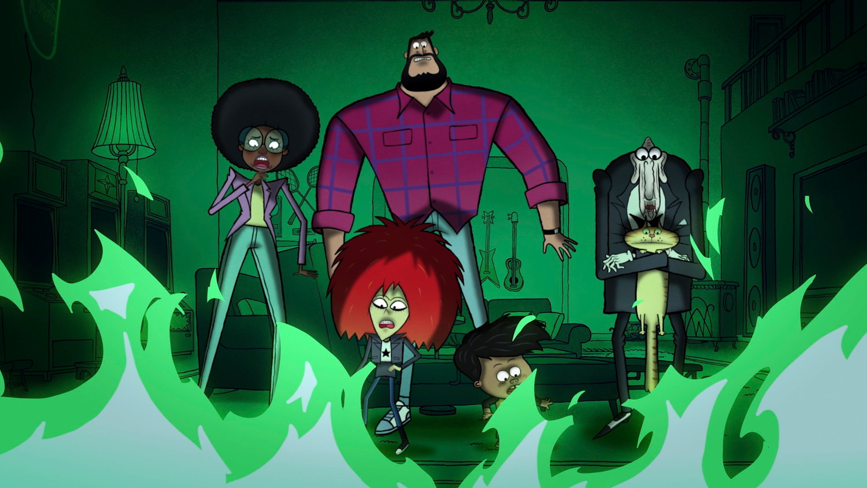 Alicia Pennyworth, Claire Selton, Bruce Wayne, Damian Wayne, and Alfred Pennyworth (holding the cat Selena) stand looking afraid of green flames in BAT-FAM