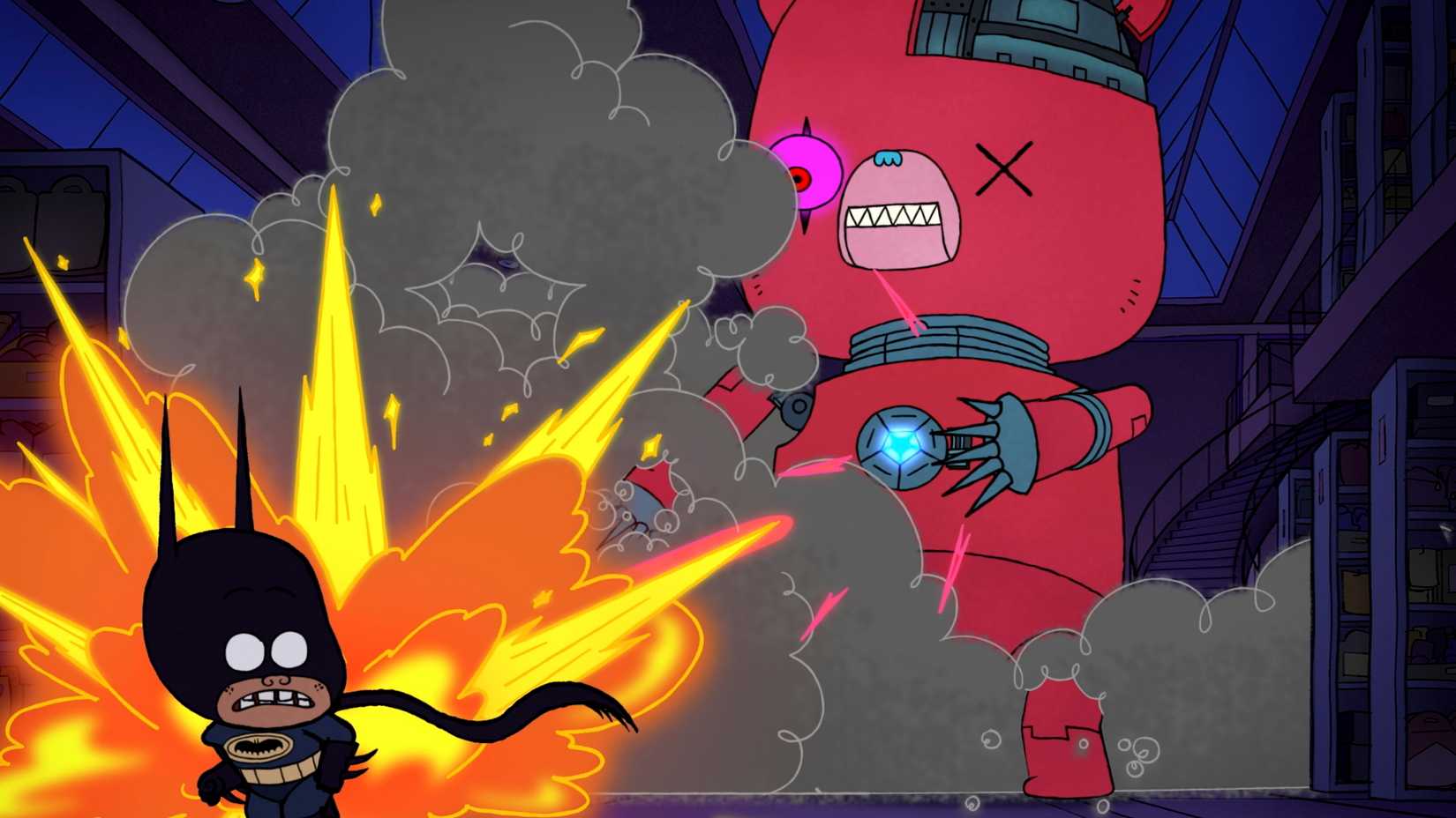 Damian Wayne foge de um ursinho de pelúcia ciborgue gigante criado por Toyman em BAT-FAM