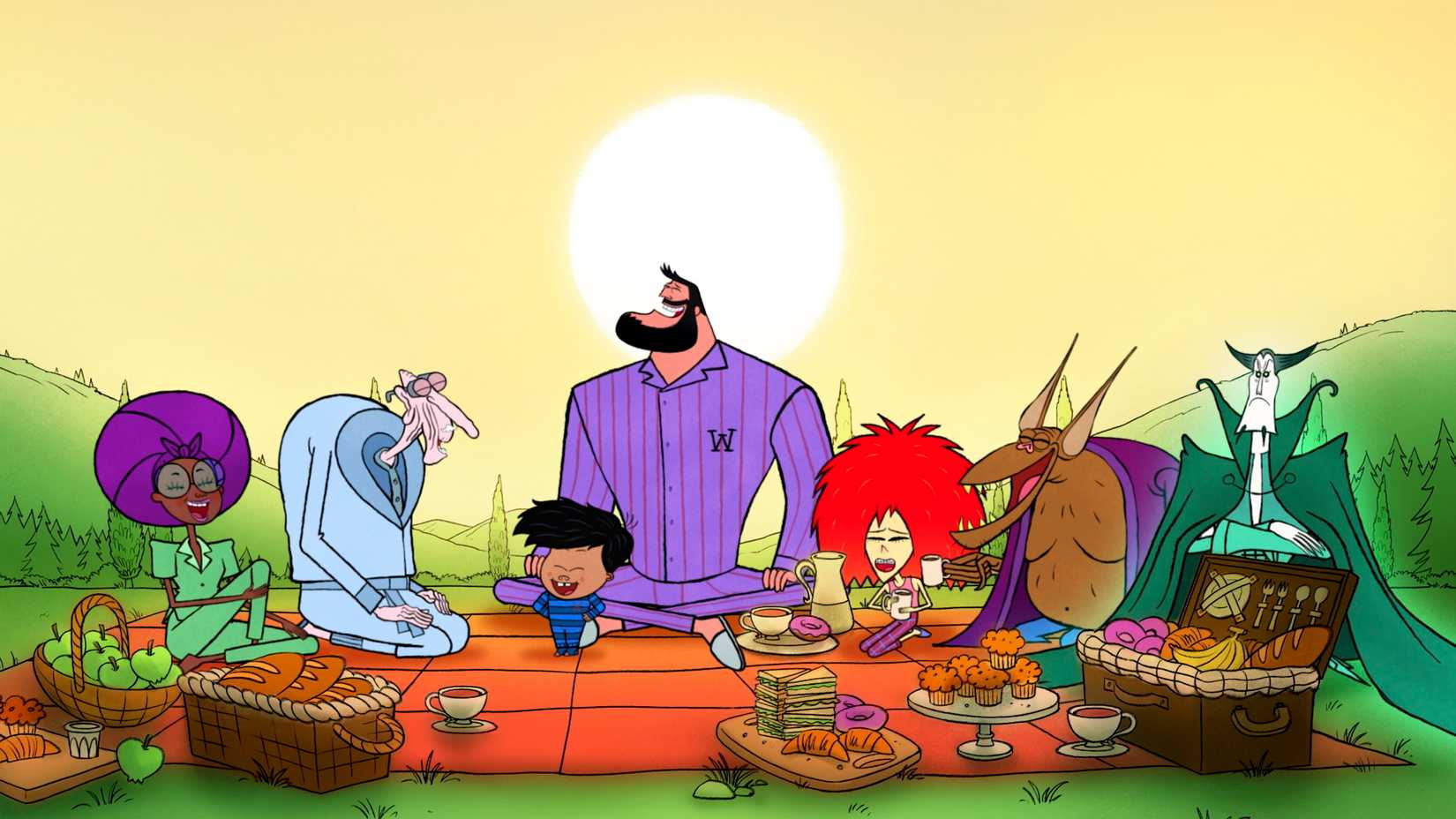 A family scene with Alicia Pennyworth, Alfred, Damian, Bruce, Claire, Man‑Bat, and Ra's al Ghul in BAT‑FAM