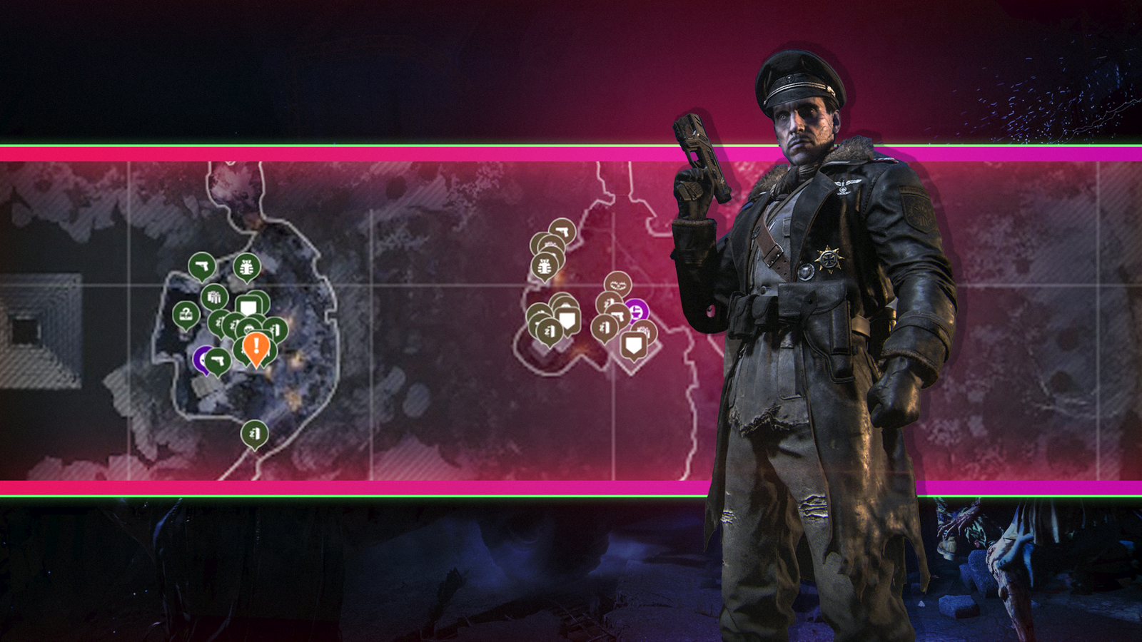 A man holding a small gun in front of the Ashes of the Damned map in Call of Duty: Black Ops 7