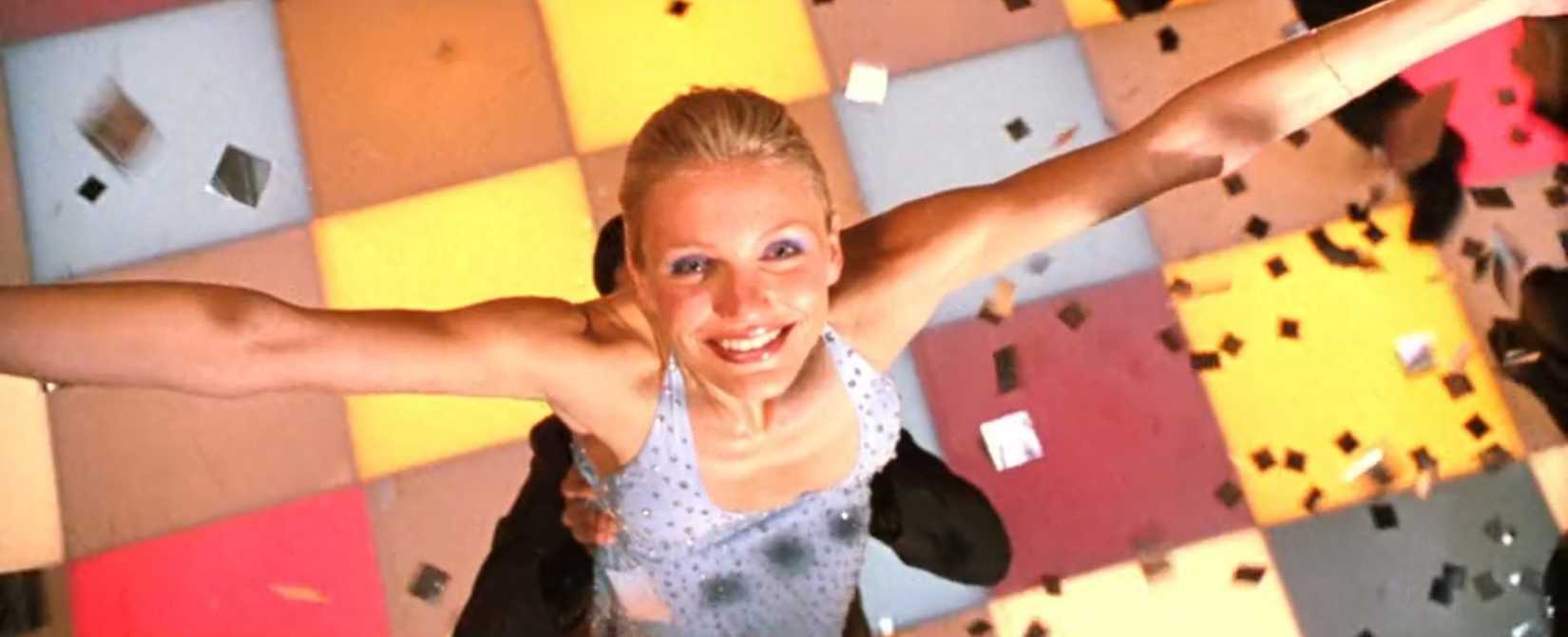 In a scene from Charlie's Angels, Cameron Diaz engages in a fantasy dance number, staring into the camera grinning in a splashy musical-style overhead shot