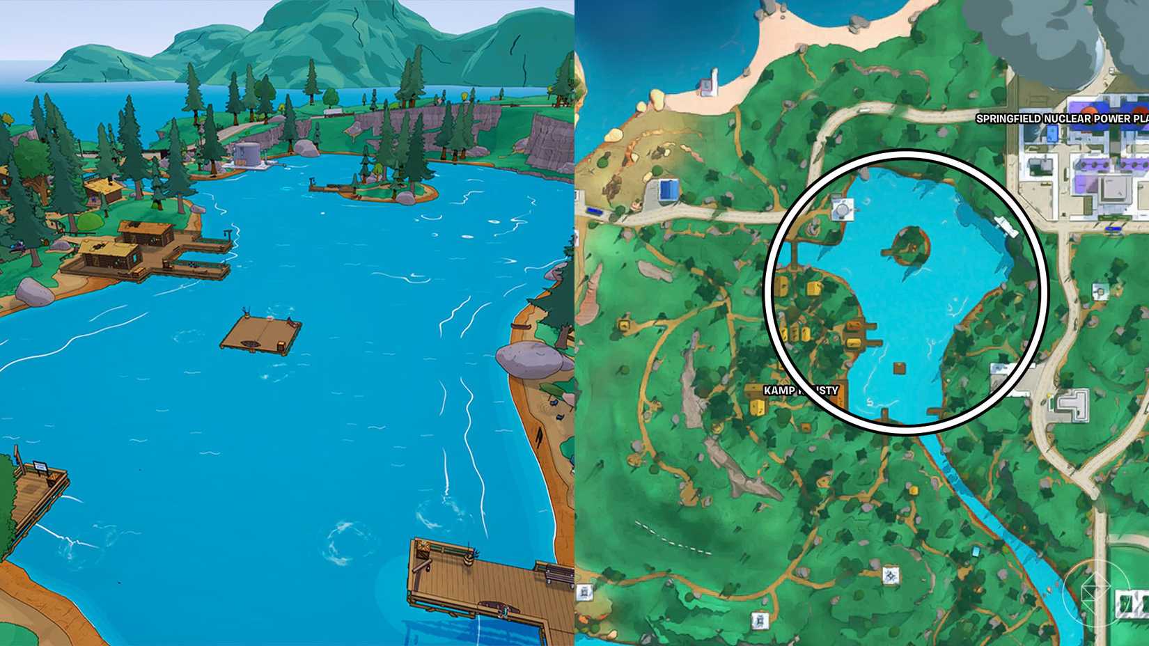 The lake by Kamp Krusty circled on the Fortnite map.