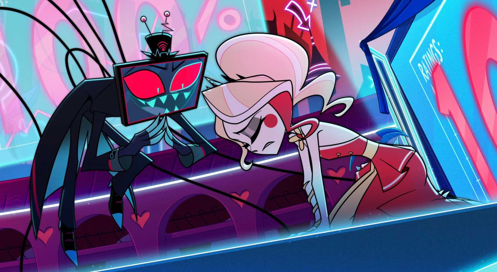 Charlie Morningstar kneels onstage as Vox, the television-headed demon, exerts control during a tense scene from season 2