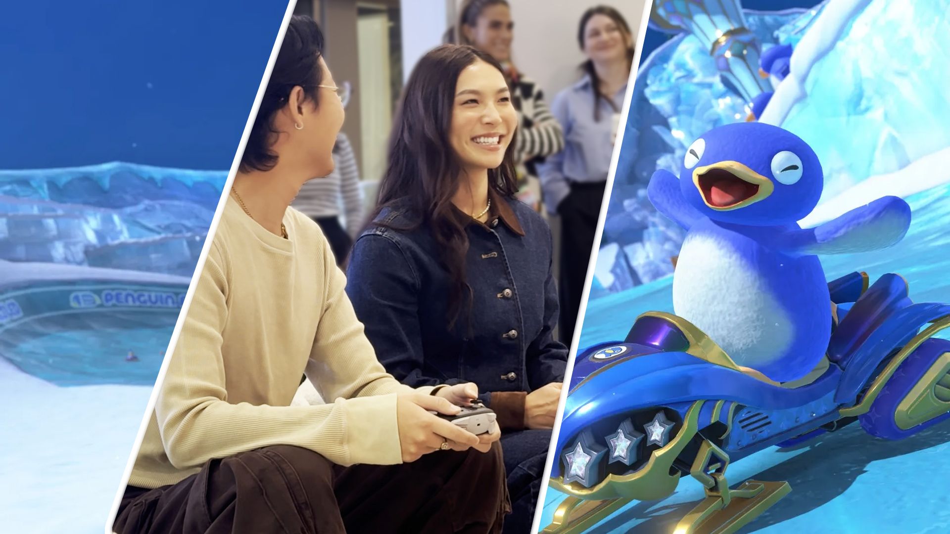 Chloe Kim sits beside her friend Austin Cho, grinning widely as she plays Mario Kart World.