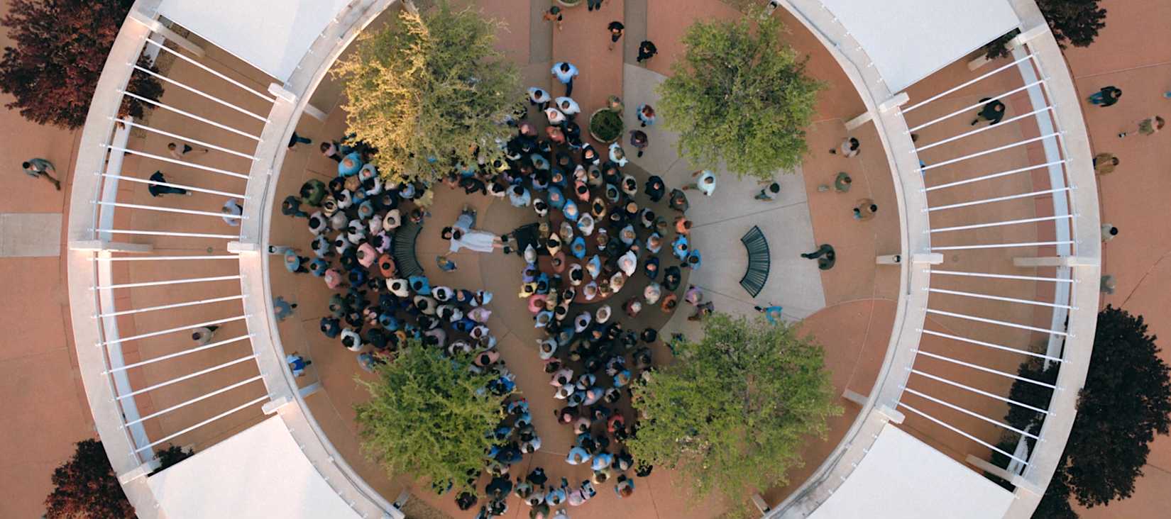 An overhead shot looking down on a crowd of people surrounding a woman on her back in a public park in Pluribus episode 4