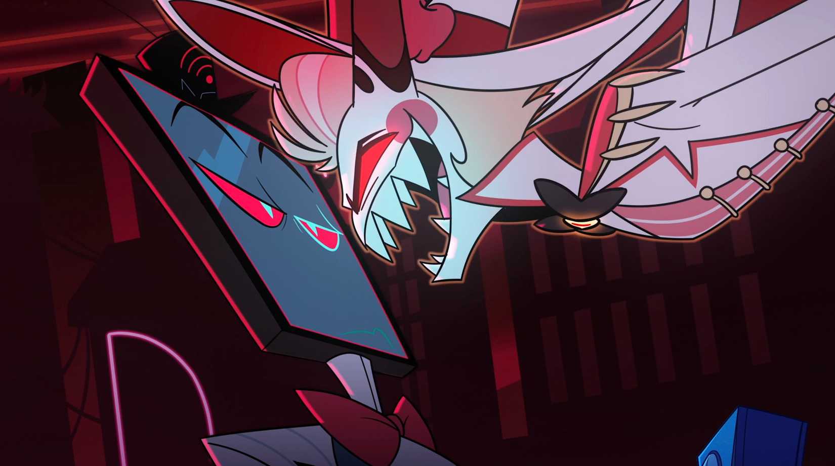 Lucifer grinning opposite Vox, who has a flatscreen TV for a head, in Hazbin Hotel season 2