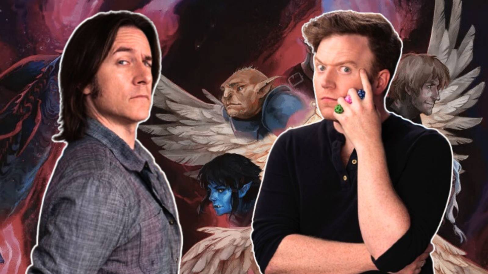 A still of Matthew Mercer and Brennan Lee Mulligan standing side by side over a graphic of Call of the Netherdeep.