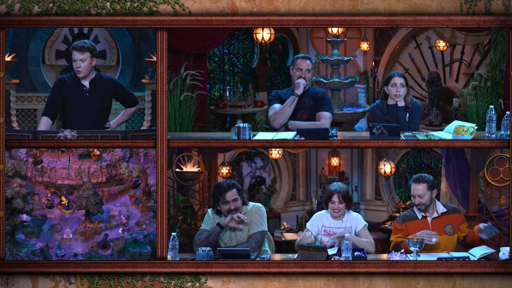 Critical Role screenshot featuring Brennan Lee Mulligan, Whitney Moore, Travis Willingham, Laura Bailey, Robbie Daymond and Sam Riegel.