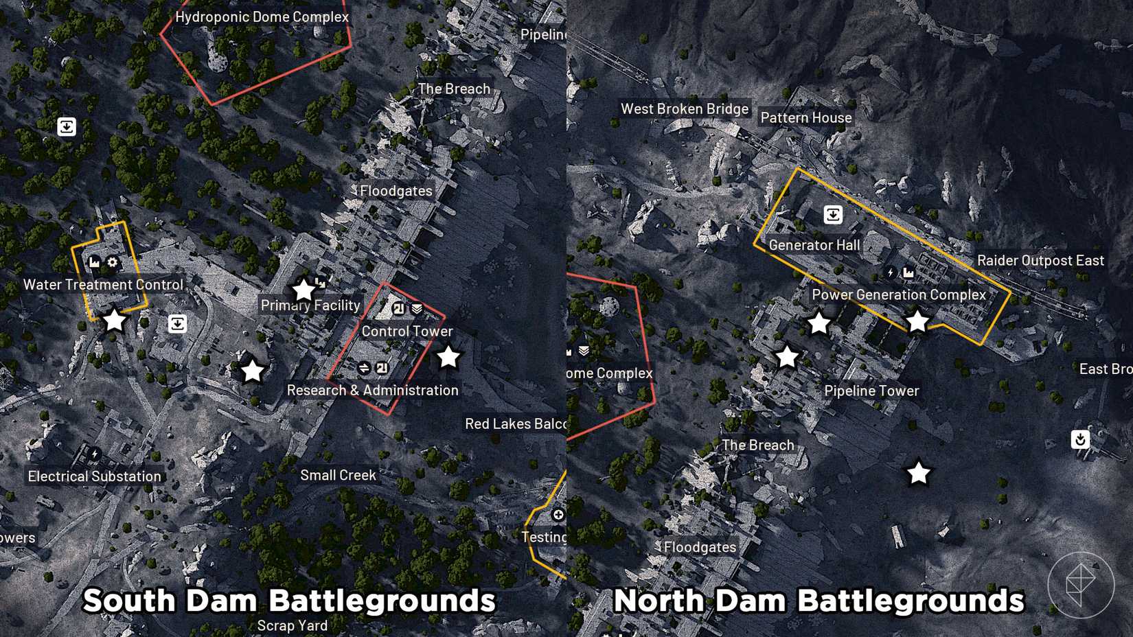 Llame a las ubicaciones de las estaciones marcadas en el mapa de Dam Battlegrounds en Arc Raiders.