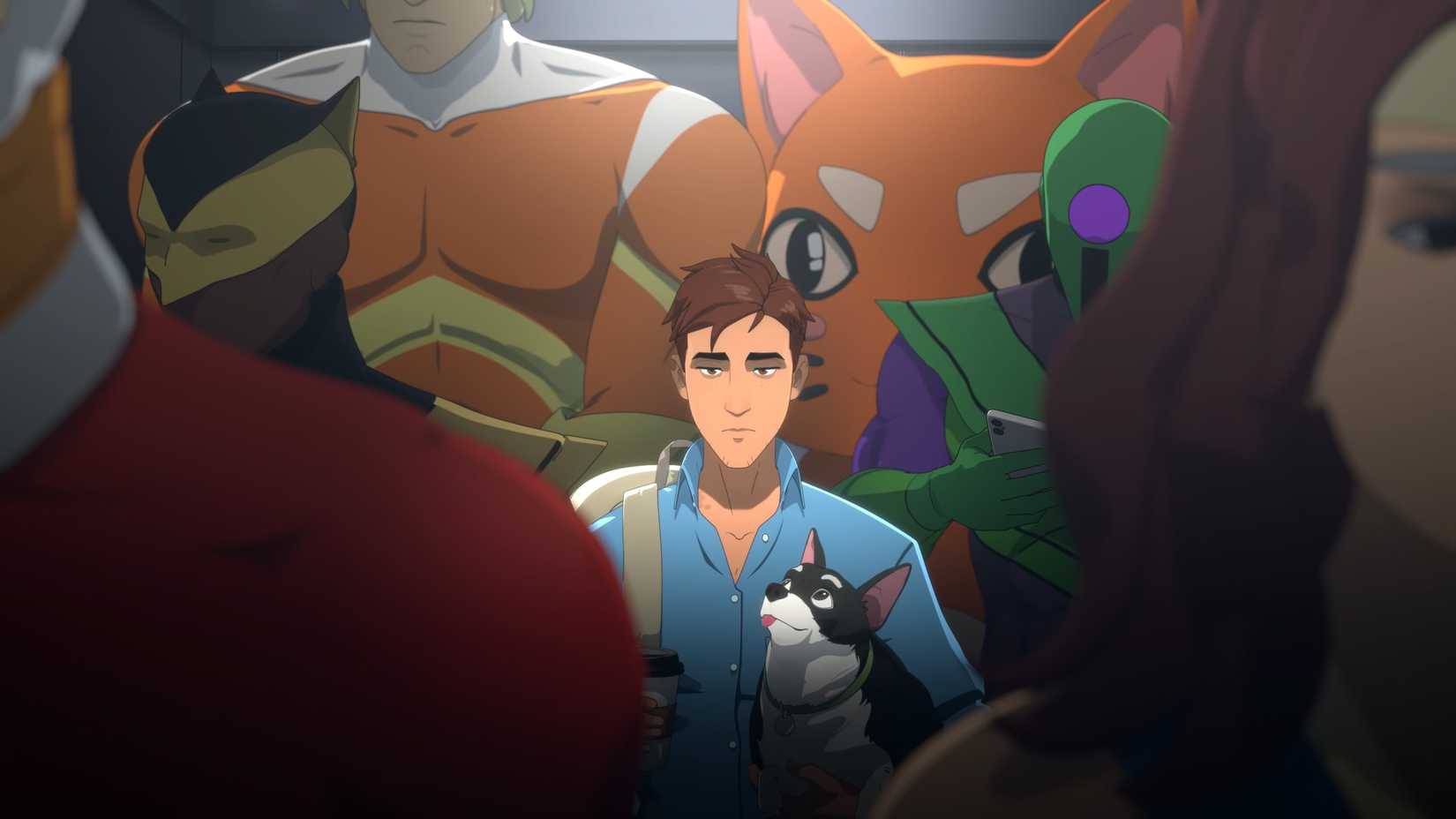 Robert Robertson in a crowded elevator in Dispatch