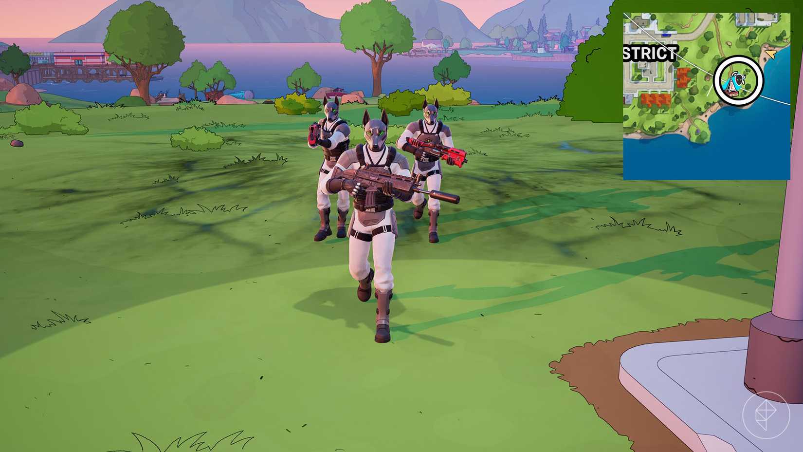 A trio of Dober Men walking menacingly in Fortnite.