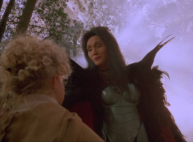 In a scene from the movie Ewoks: The Battle for Endor, a werewolf witch threatens a little girl.