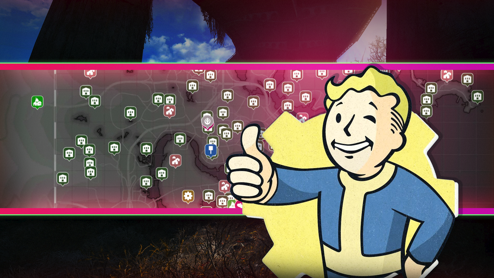 Vault Boy levanta el pulgar frente a un mapa de Fallout 4 Commonwealth.