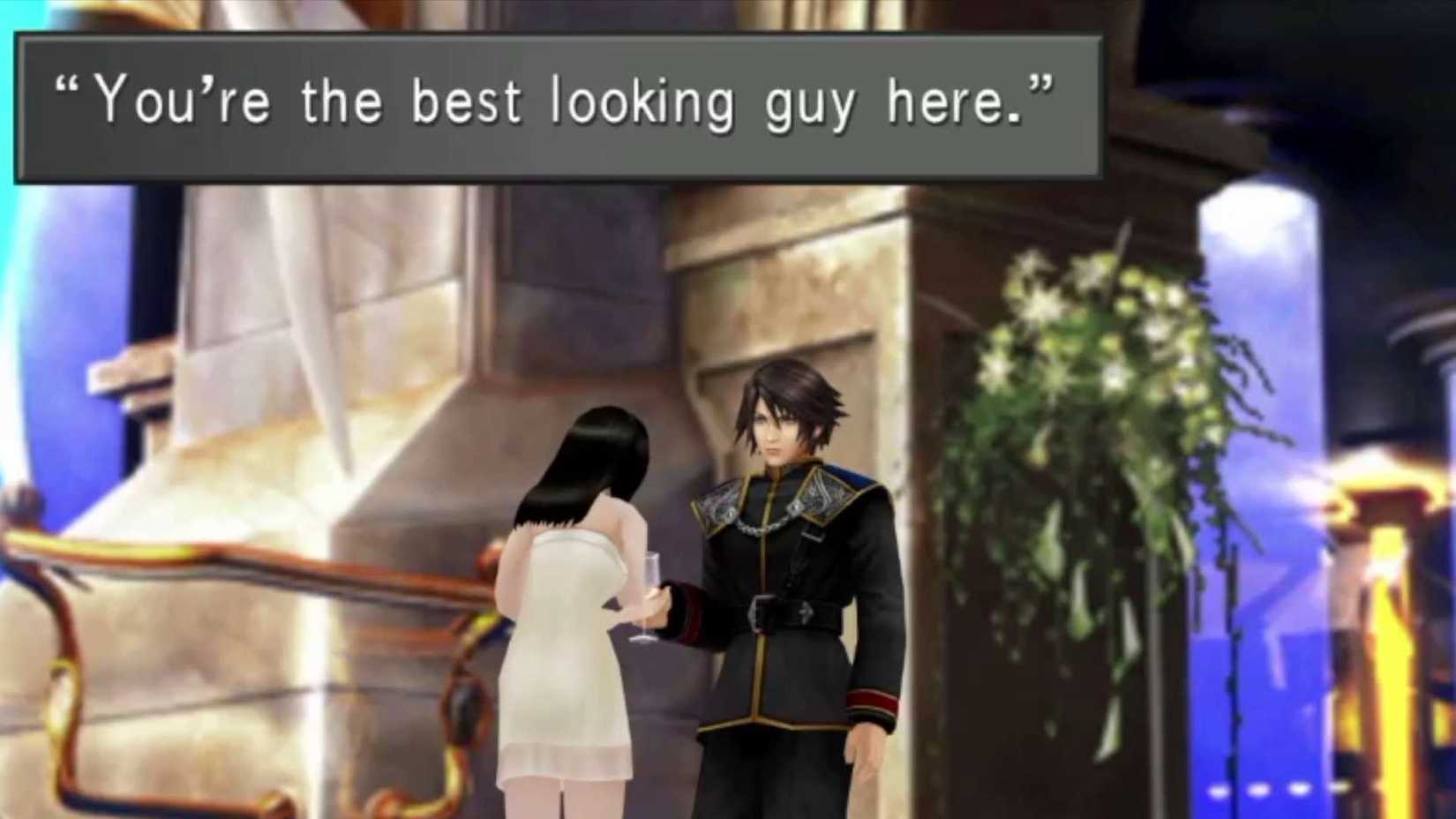 A screenshot from Final Fantasy 8, with a female character telling the protagonist he is "the best looking guy here."