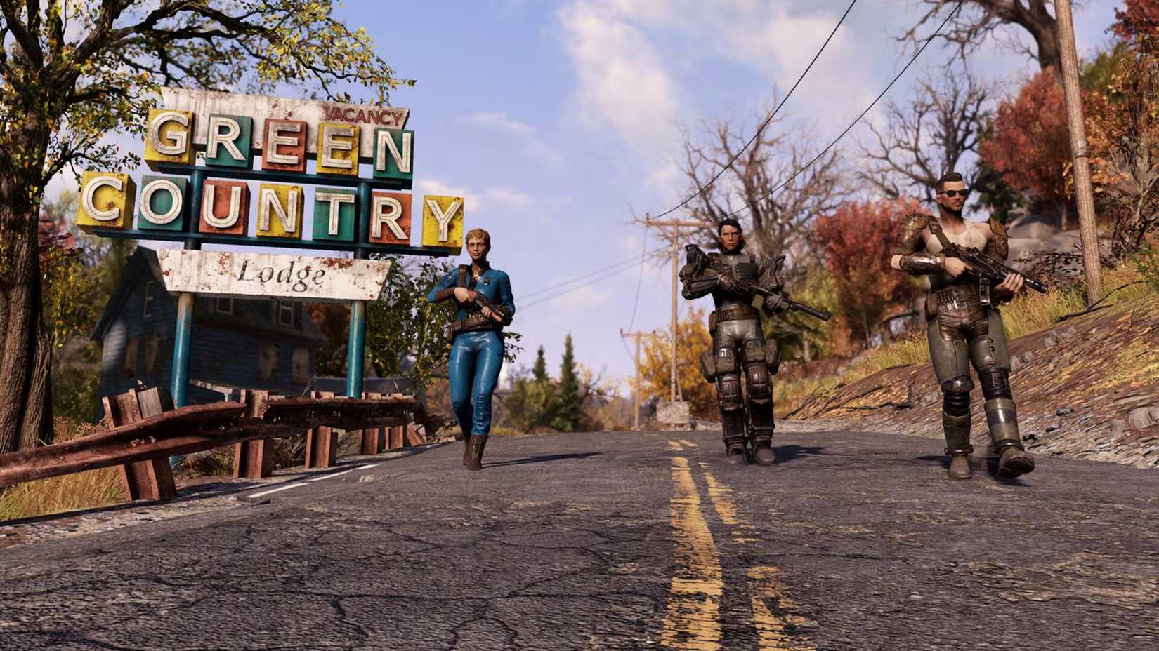 Three Fallout 76 players walk toward the camera, with the Green Country Lodge sign behind them.