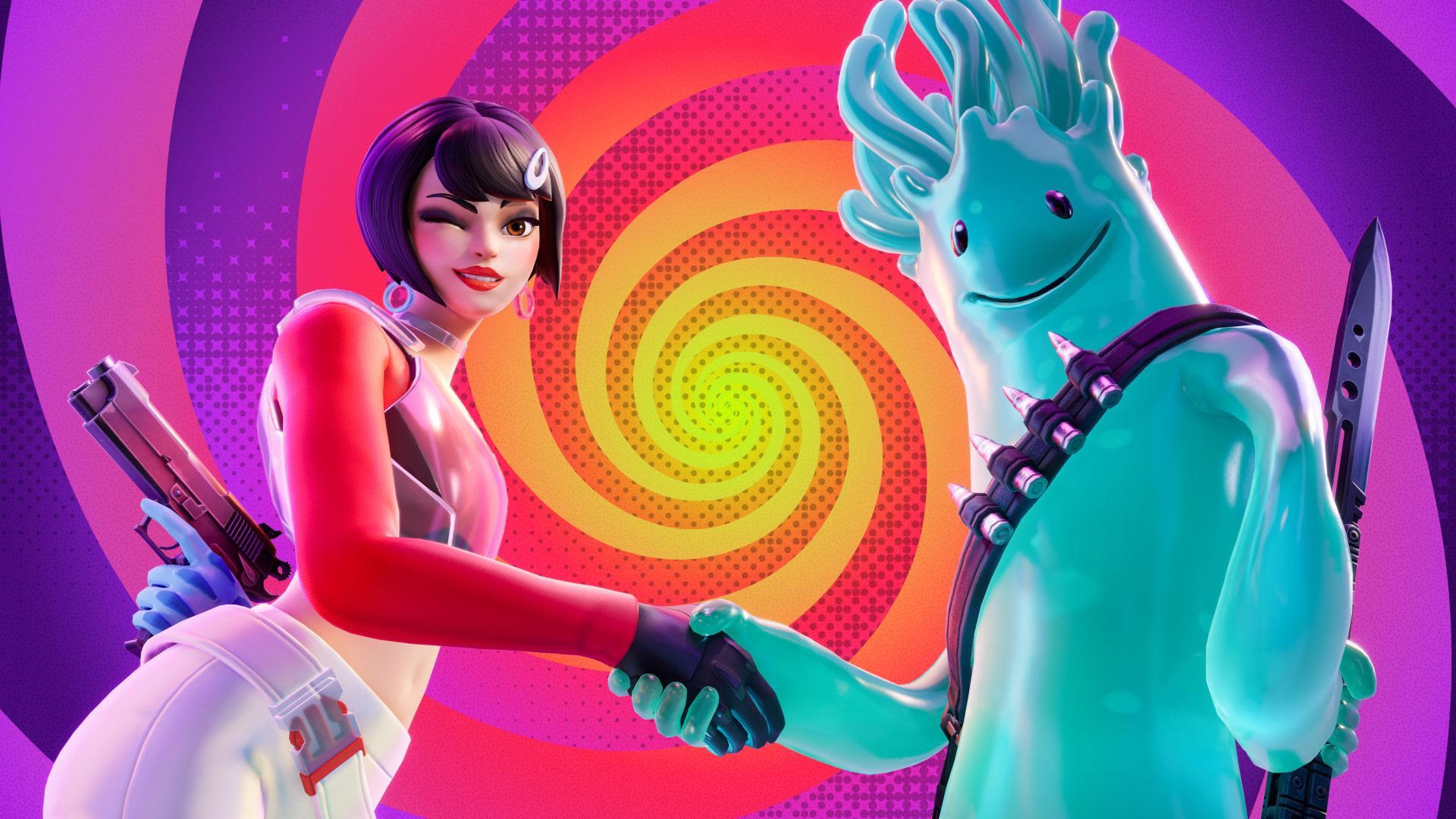Two Fortnite characters shake hands in the Delulu mode.
