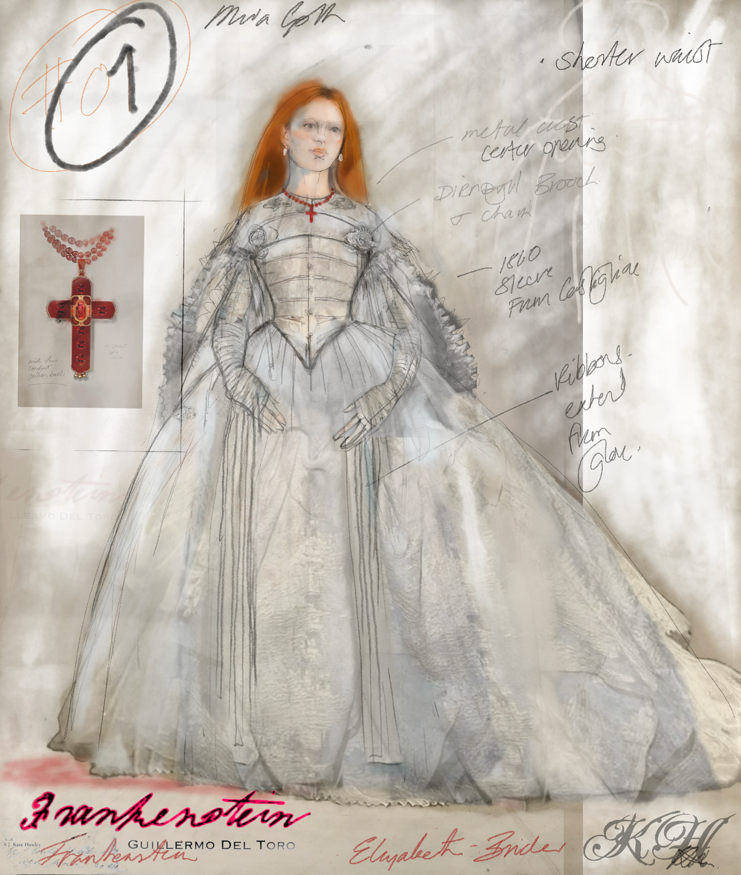 Sketch of Elizabeth's wedding dress from the 2025 Frankenstein movie.