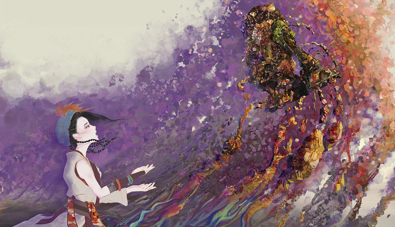 A blind Jedi Padawan uses the force to visualize a colorful scene that includes an R2-D2-shaped robots