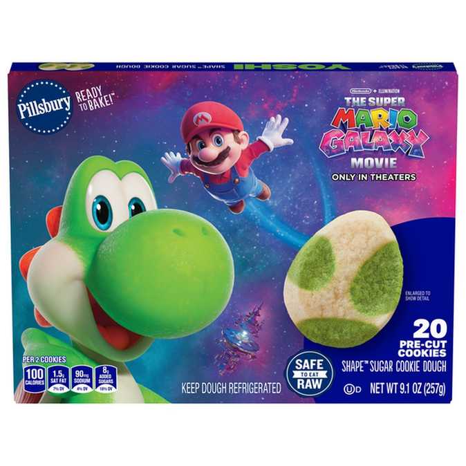 Pillsbury packaging art showing a green Yoshi next to a green-and-white egg-shaped cookie