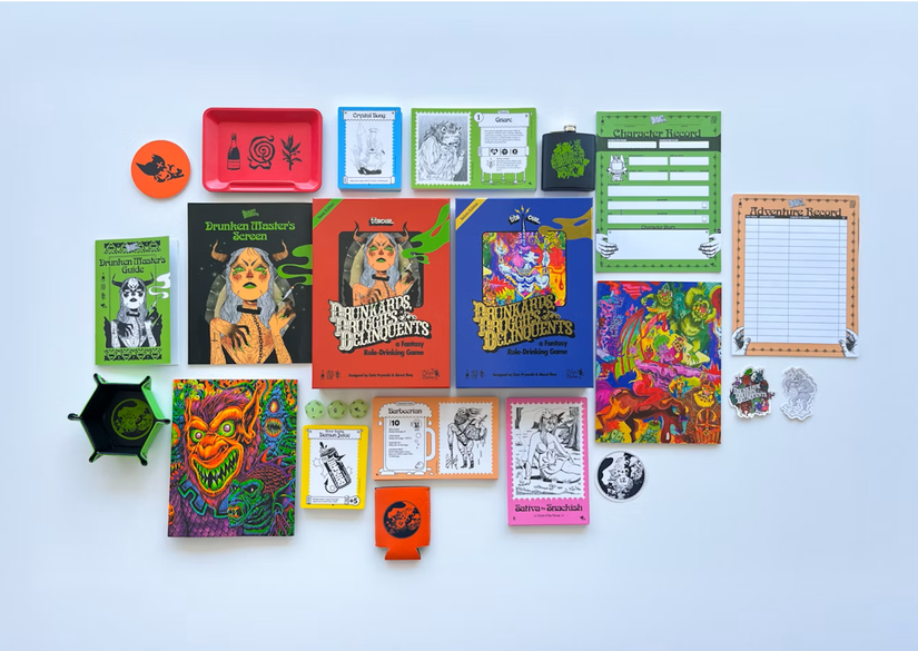 Various cards, pieces of artwork, and more for the Drunkards, Druggies, & Delinquents game.