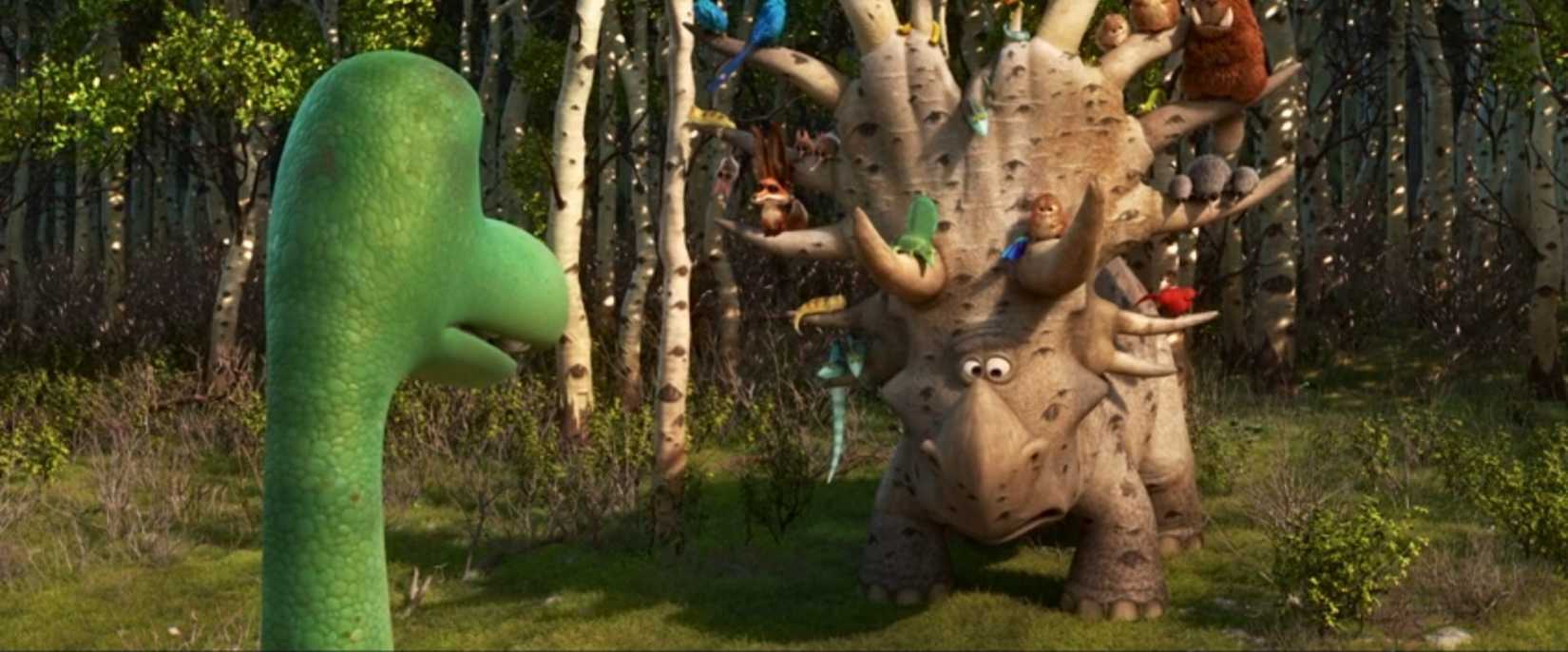 Arlo meets an eccentric older dinosaur with small creatures settled on his horns.