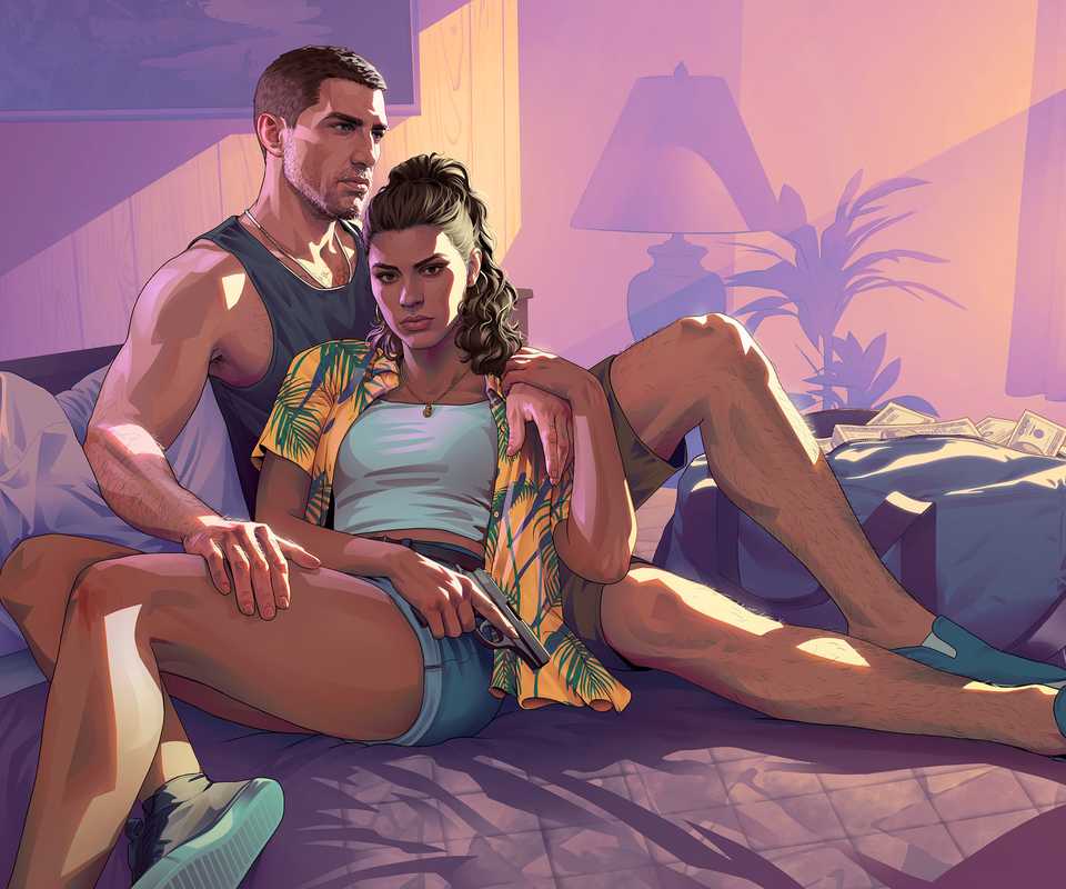 GTA 6 characters laying on a bed