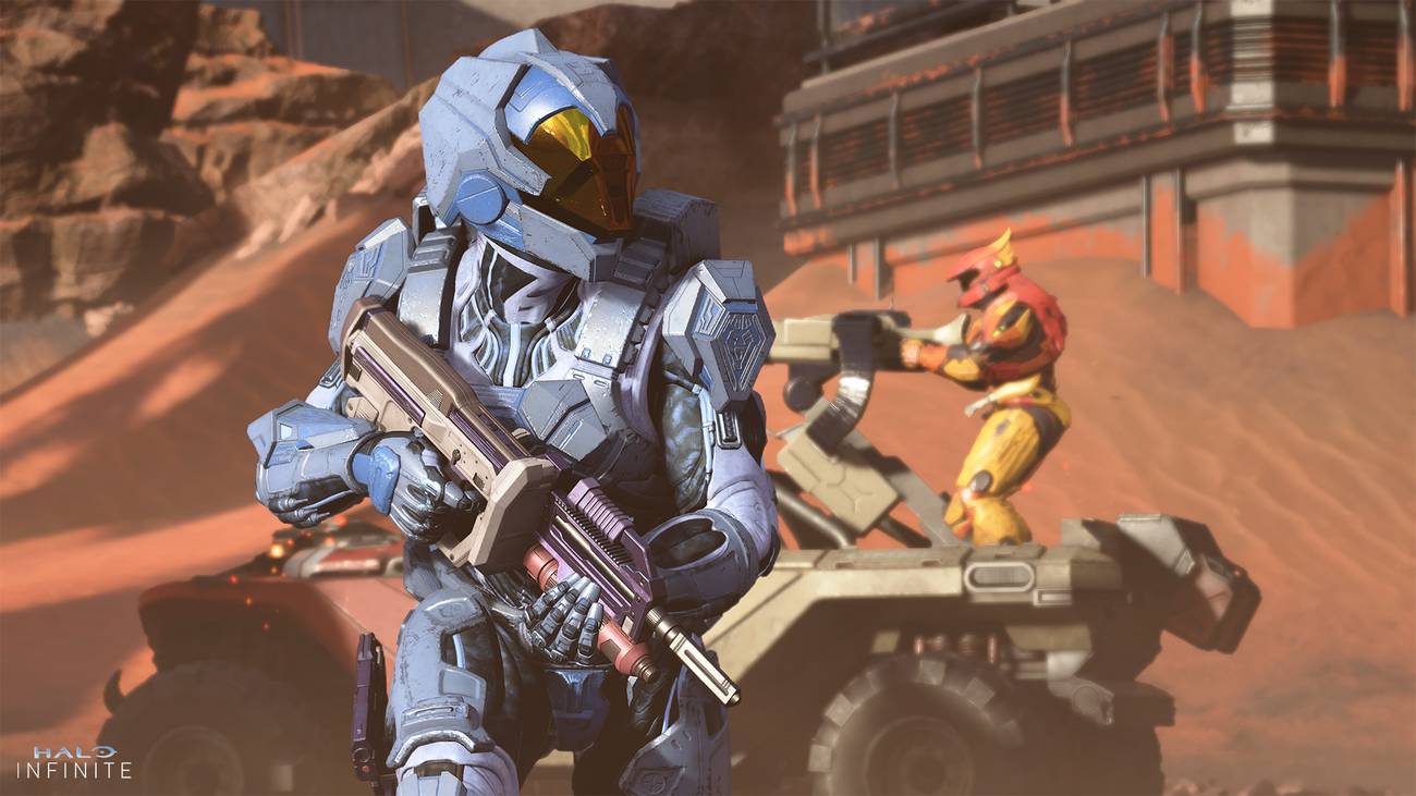 Two Spartans drive a warthog in key art for Operation Infinite in Halo Infinite