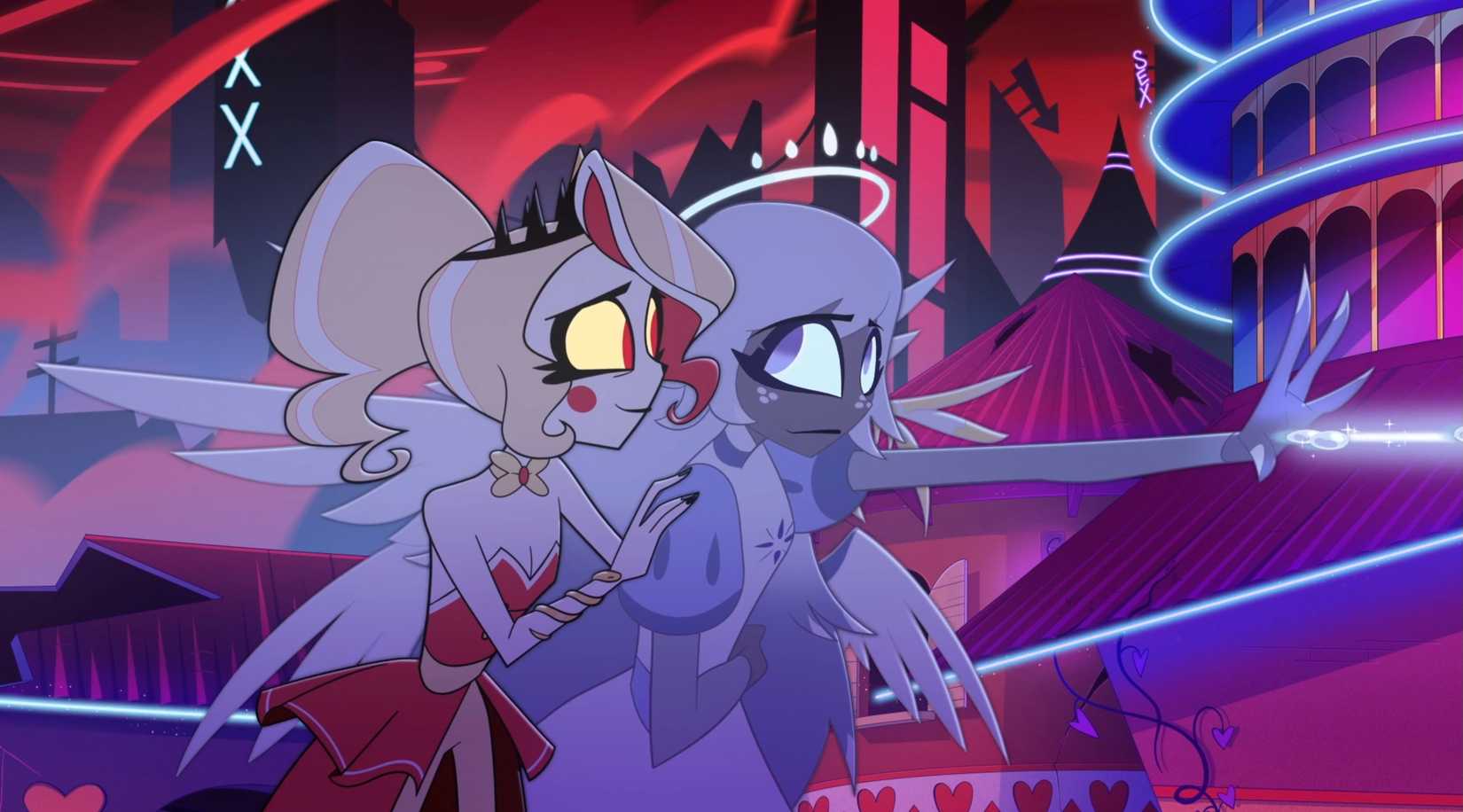 Emily, a seraphim with a wounded wing, and Charlie Morningstar exchange a supportive look