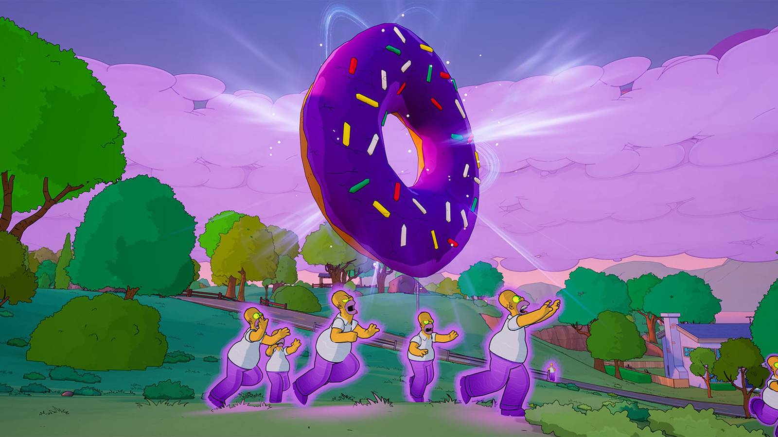 Homer clones under a huge floating donut in Fortnite.