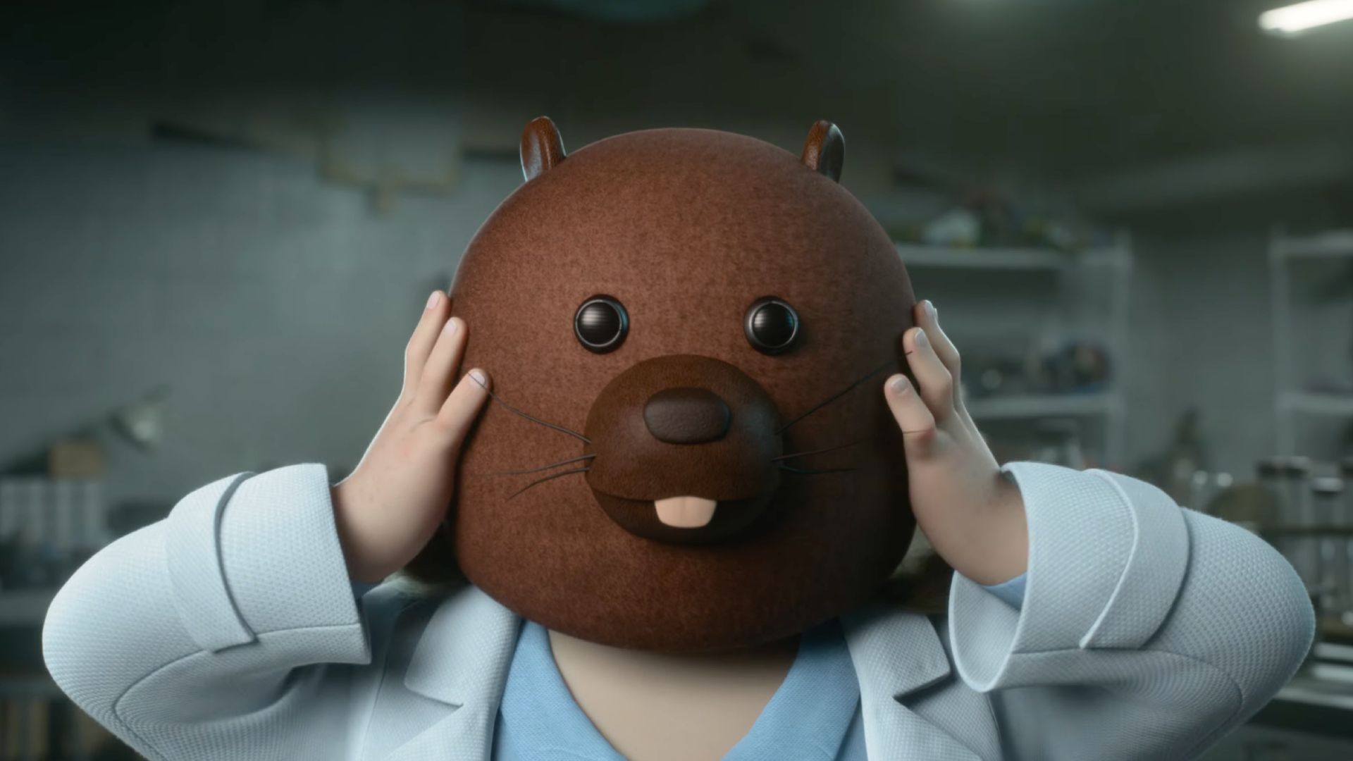 A woman in a white lab coat puts on a beaver mask.