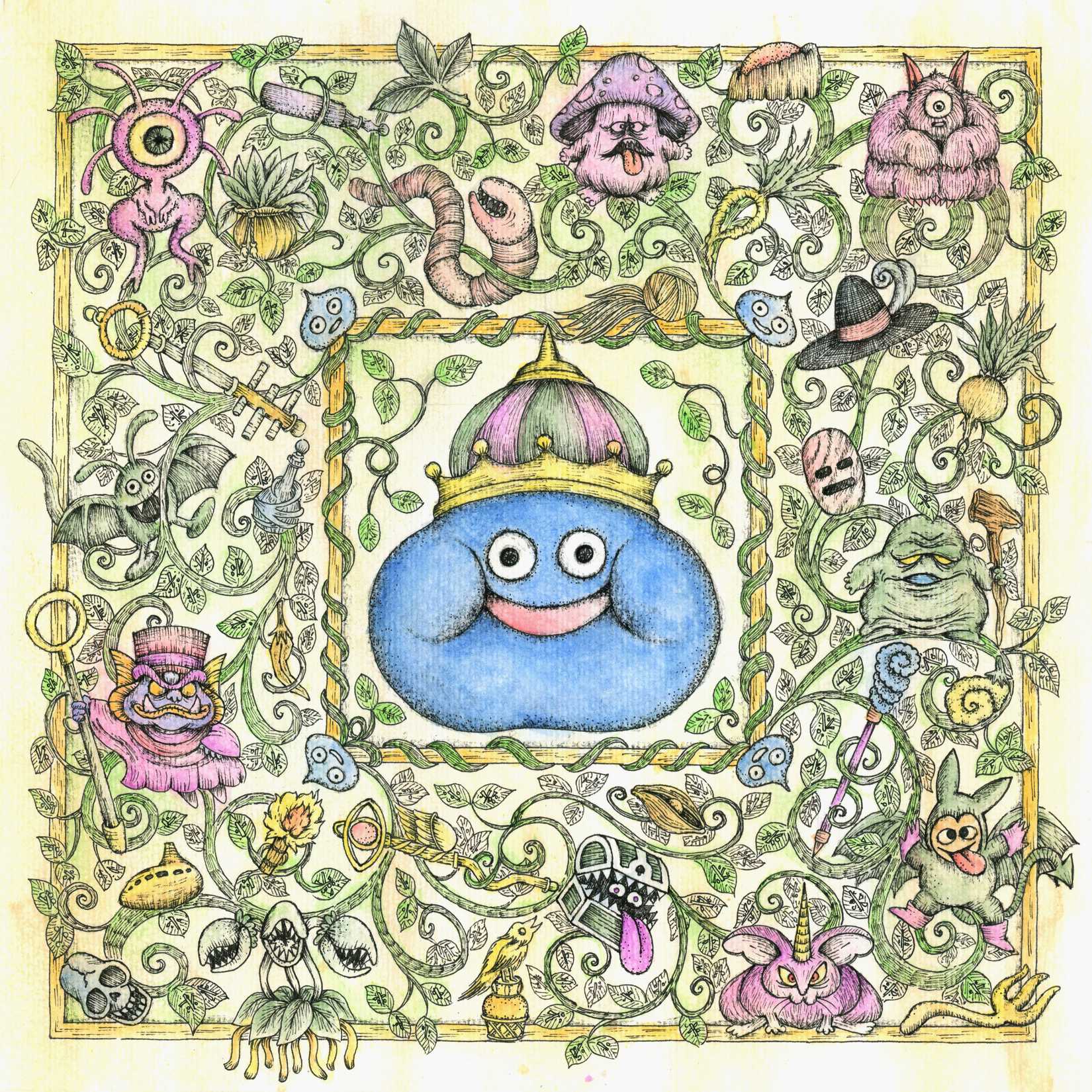 An artwork depicts images monsters from Dragon Quest.