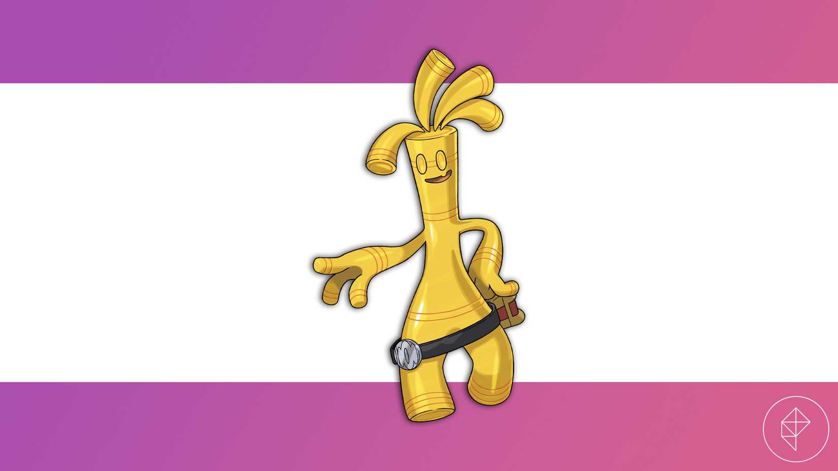 Gholdengo against a pink and white background