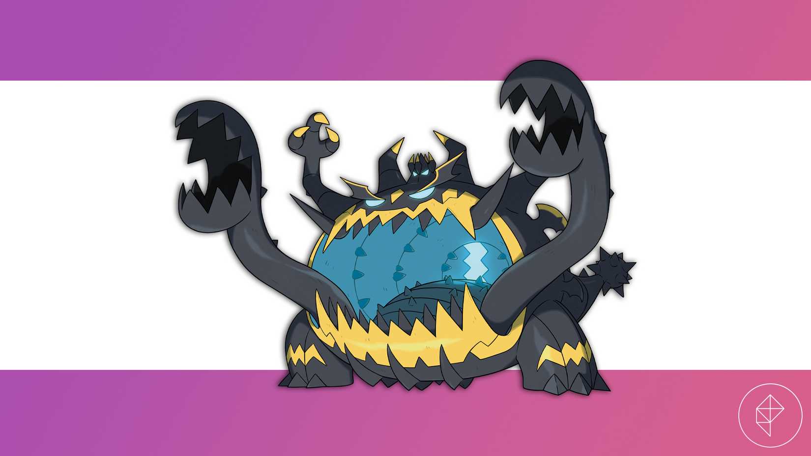 Guzzlord against a purple and white background