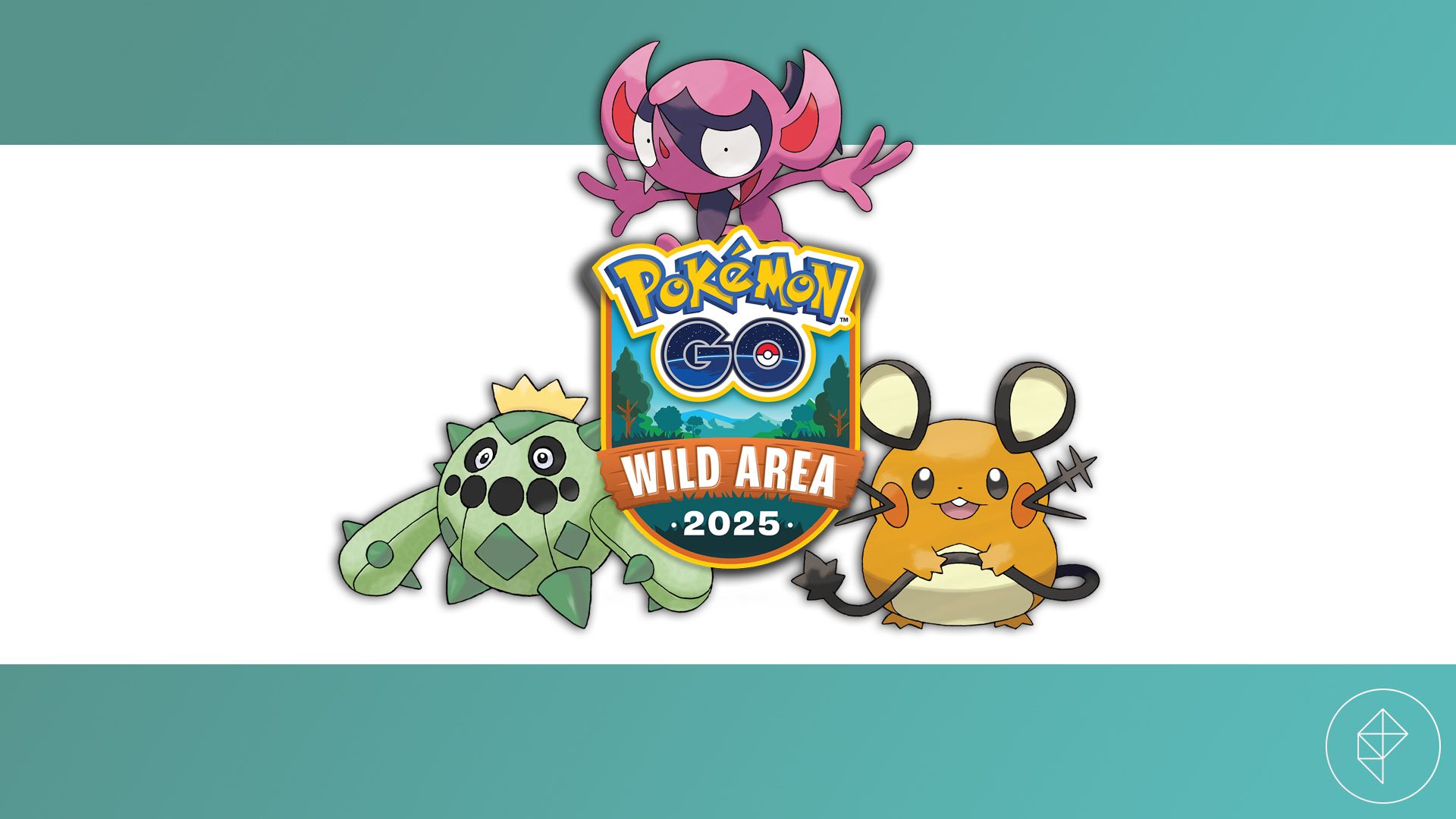 Cacnea, Dedenne, and Impidimp behind the Pokémon Go Wild Area logo