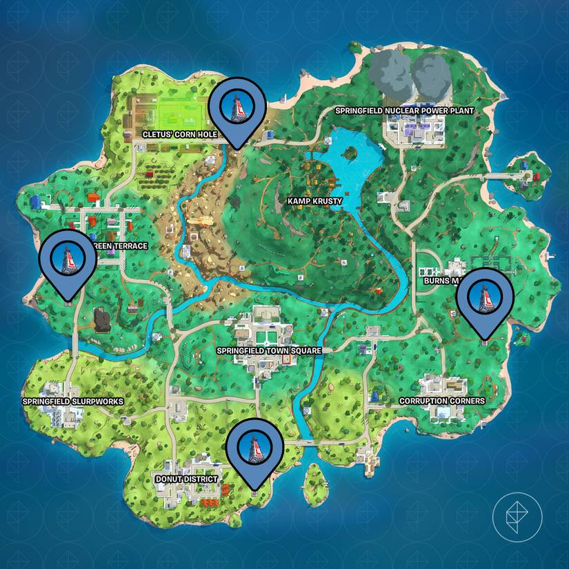 KBBL radio towers marked on the Fortnite Simpsons map.
