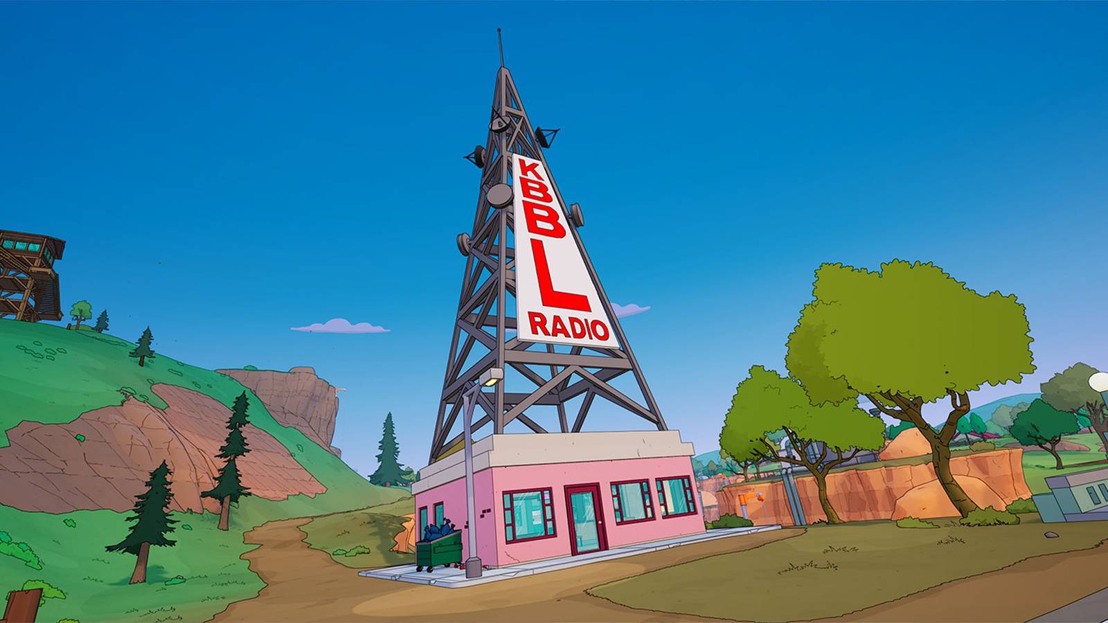A KBBL Radio Tower from The Simpsons as they appear in Fortnite.