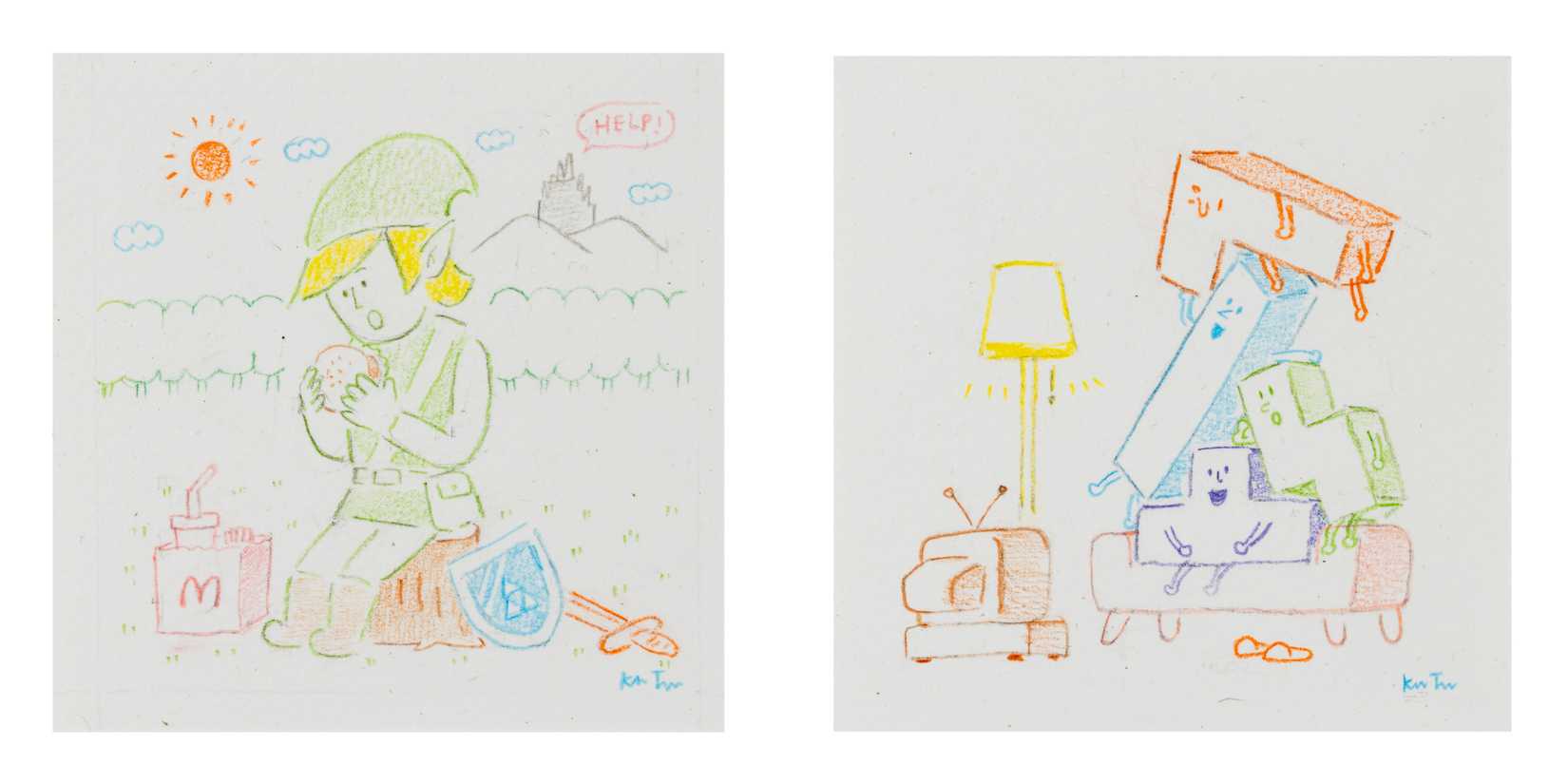Two artworks by Keita Takahashi sit side by side.