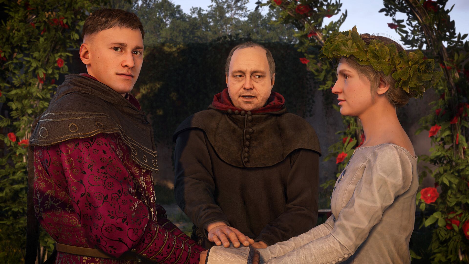 A wedding in Kingdom Come: Deliverance 2. The young man looks into the camera