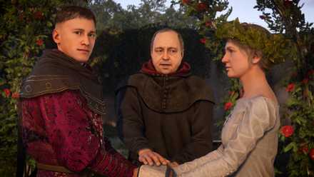 A wedding in Kingdom Come: Deliverance 2. The young man looks into the camera