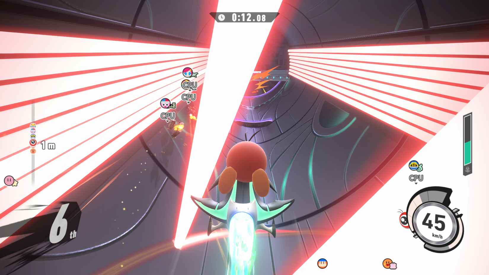 A racer glides through a laser grid in Kirby Air Riders.
