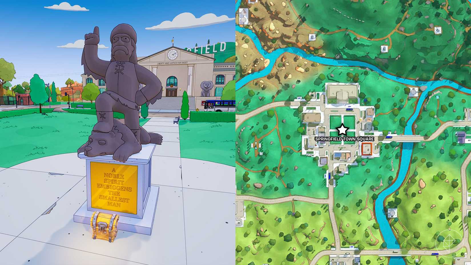 The Jebediah Springfield statue along with its location marked by a star on the Fortnite map.